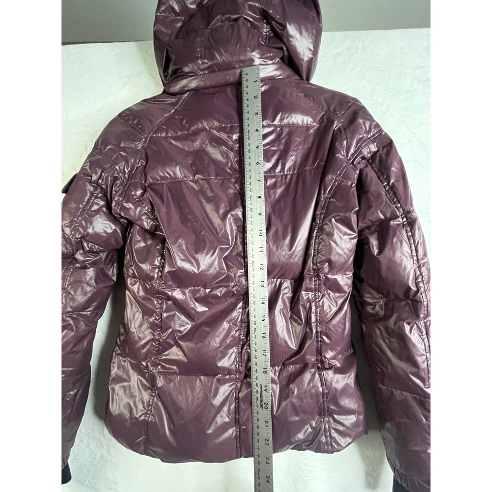 S13 New York Womens XS Burgundy Down Puffer Jacket Shiny Hooded Winter Coat - Picture 11 of 14